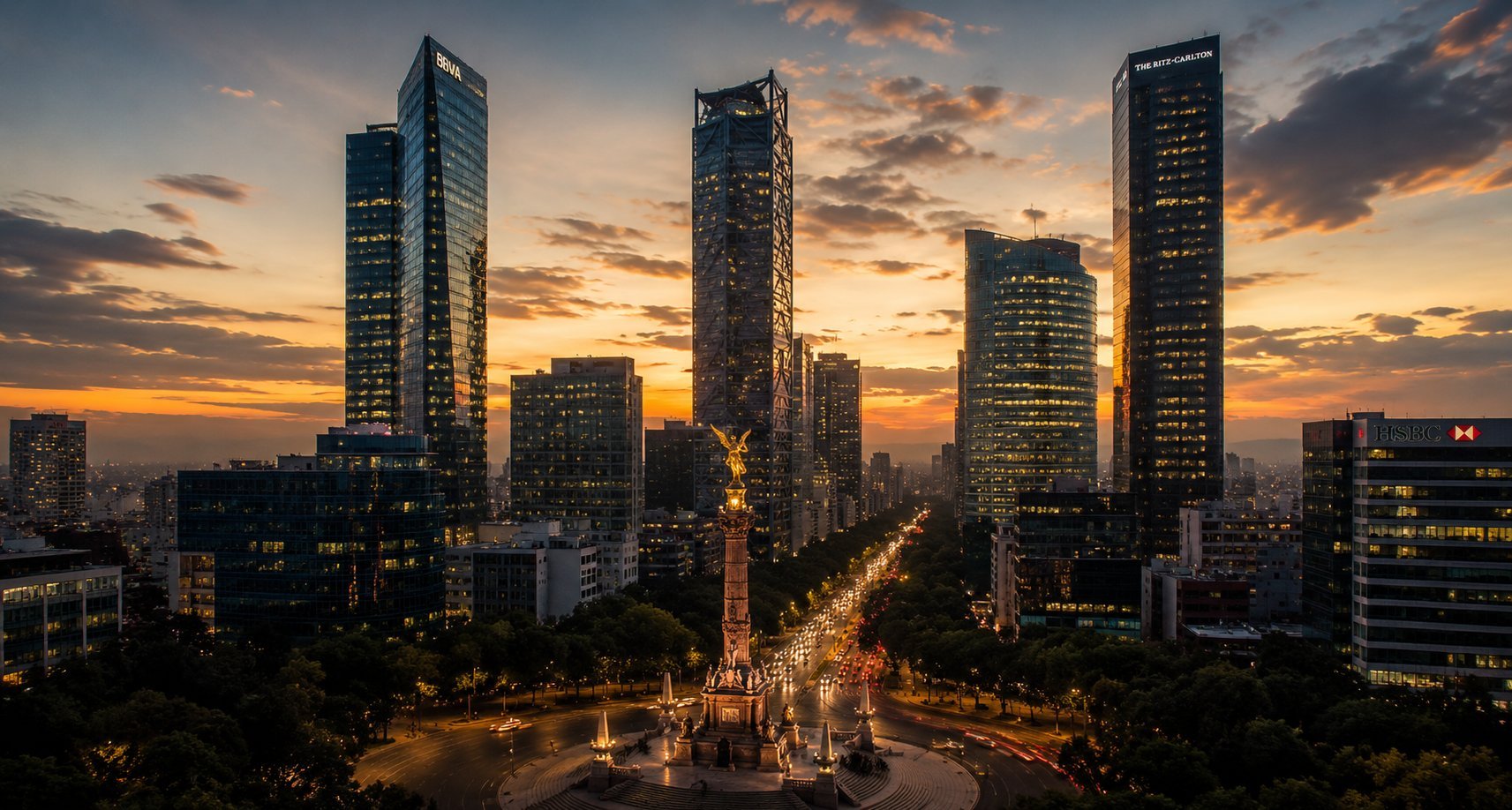 Skyline urbano al atardecer con edificios iluminados en una avenida arbolada